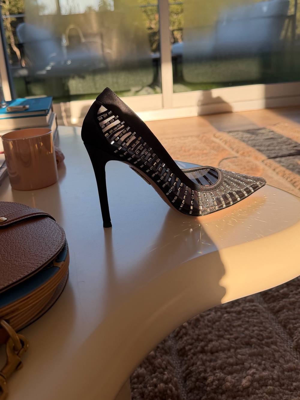 Aquazzura Passions Black Crystal-Embellished Pointed Mesh Pumps